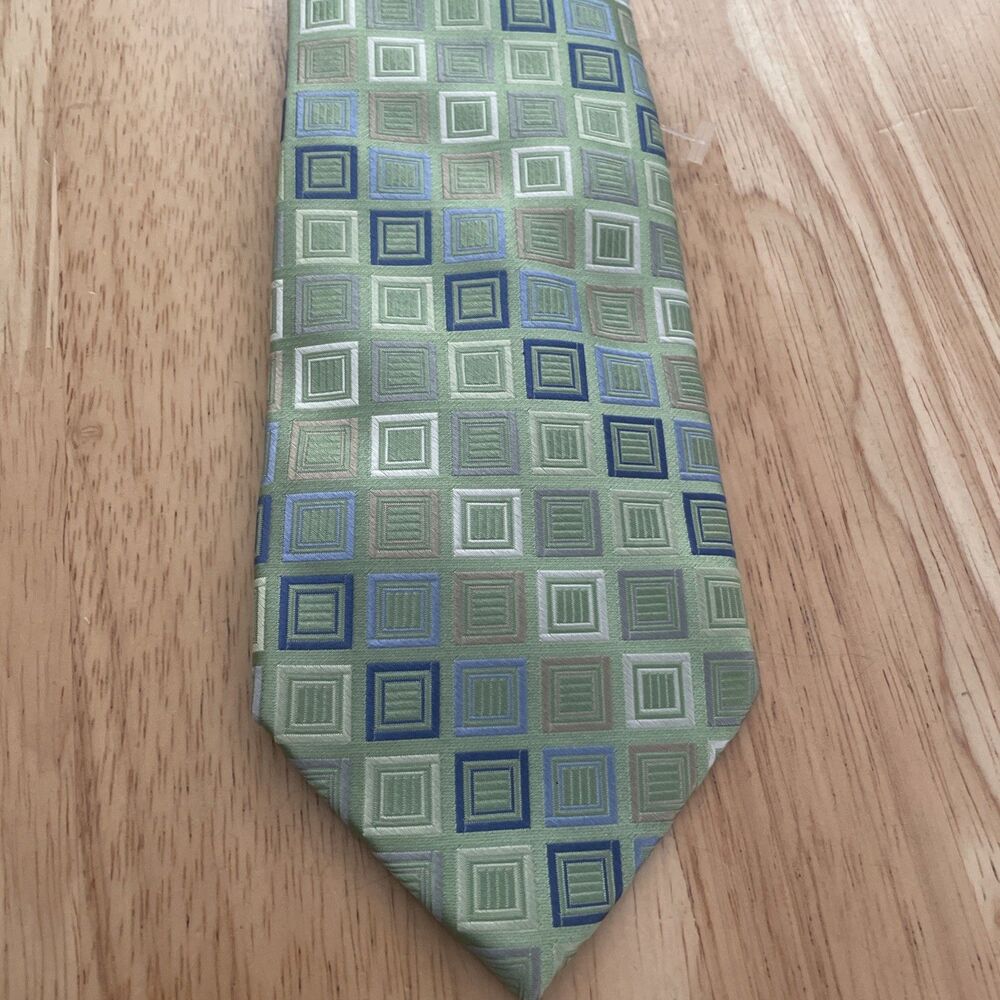 Michael Kors Green Blue White Geometric Squares Silk Necktie 59 x 3.5